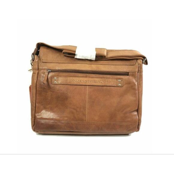 Spikes & Sparrow Noah Brandy Brown Leather Crossbody Messenger Bag Laptop Travel - Picture 3 of 12